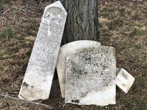 pile of tombstones leaned against a tree