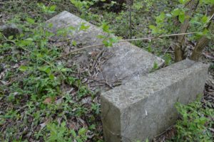 two rectangle headstones in an abandoned cemetery
