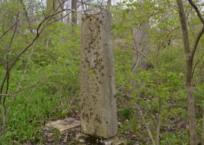 abandoned tall headstones overgrown in cemetery