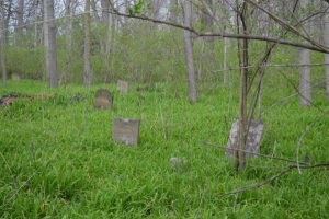 abandoned cemetery in the woods with headstones