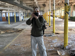 abandoned card factory with card on sunglasses