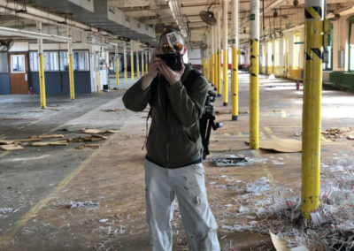 abandoned card factory with card on sunglasses