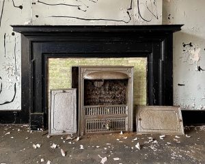 1800s victorian fireplace green tile insert black mantel
